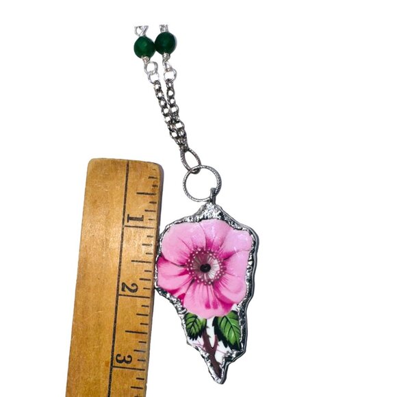 Old Country Rose Broken China Pendant Silver Bezel & Green Aventurine Necklace - Picture 11 of 16